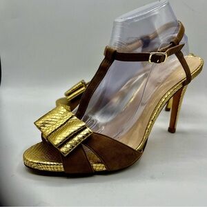 Talbots Gold Embossed Leather Tan Suede Open Toe Bow Accent Heeled Sandals 9.5B